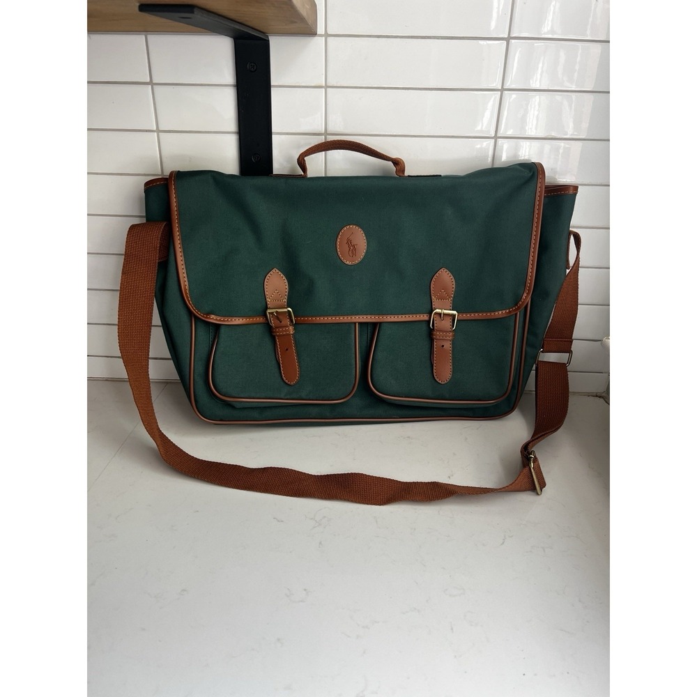 Vintage POLO TOTE BAG HUNTER GREEN CANVAS LEATHER TRIM Crossbody Satchel